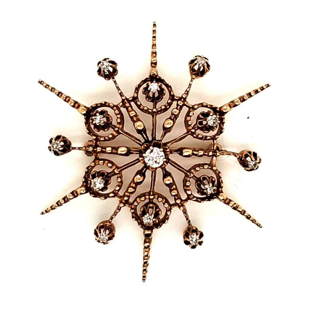 Vintage 14Kt Gold And Diamond Starburst Brooch