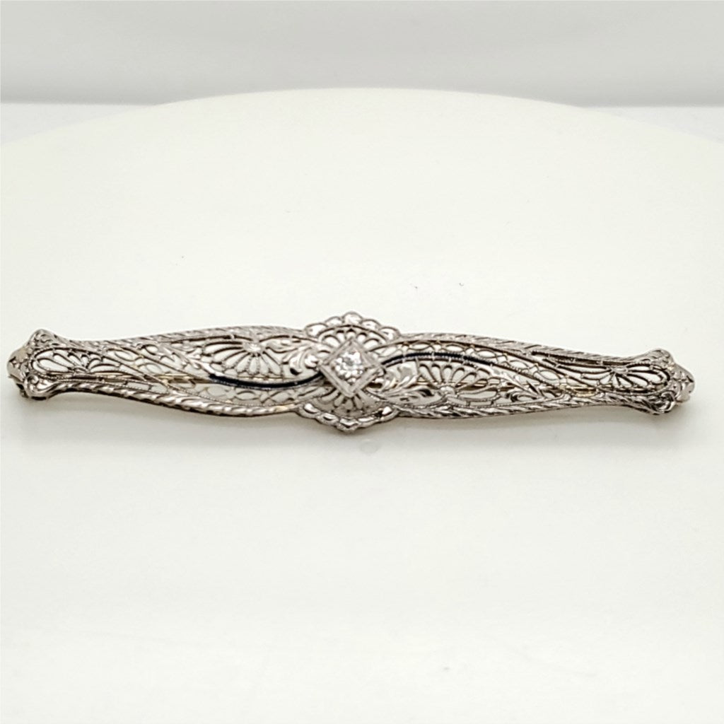 Art Deco 14kt White Gold Filigree and Blue Enamel Diamond Brooch
