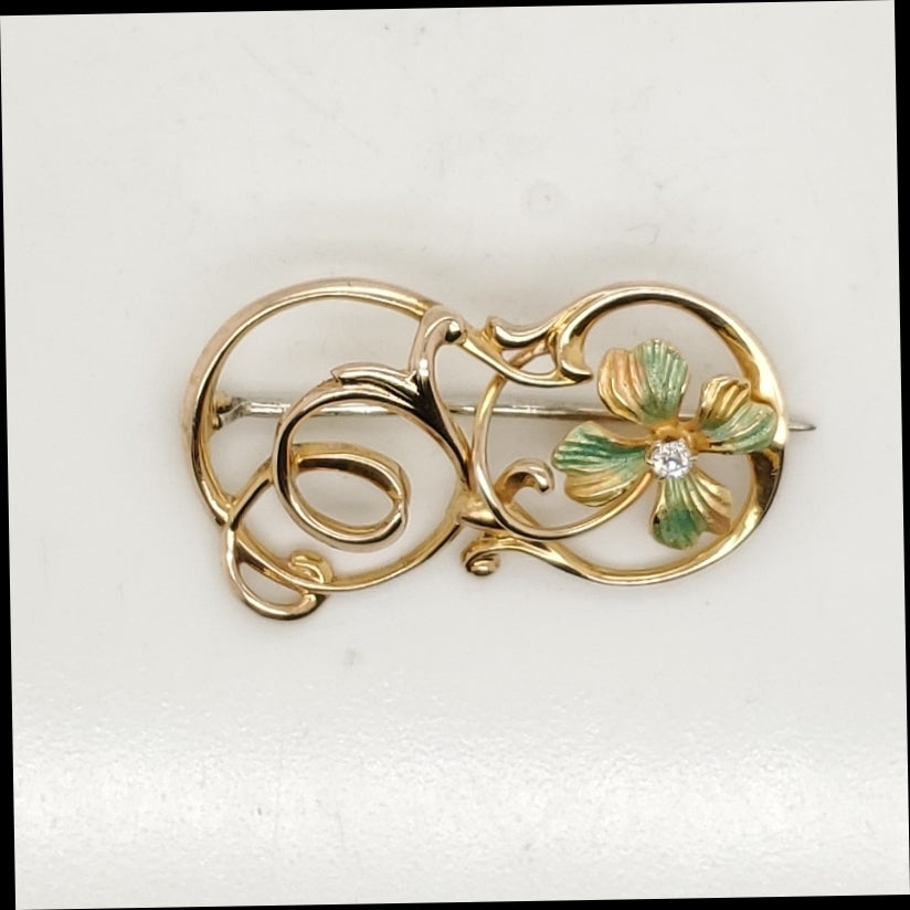 Art Nouveau 14Kt Yellow Gold Enamel and Diamond Brooch