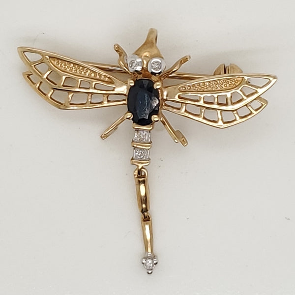 Vintage 14kt Yellow Gold Articulated Diamond and Sapphire Dragonfly Brooch