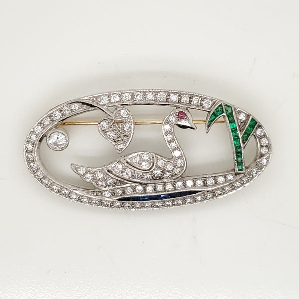 Vintage 18Kt Gold Diamond Sapphire And Emerald Swan Brooch