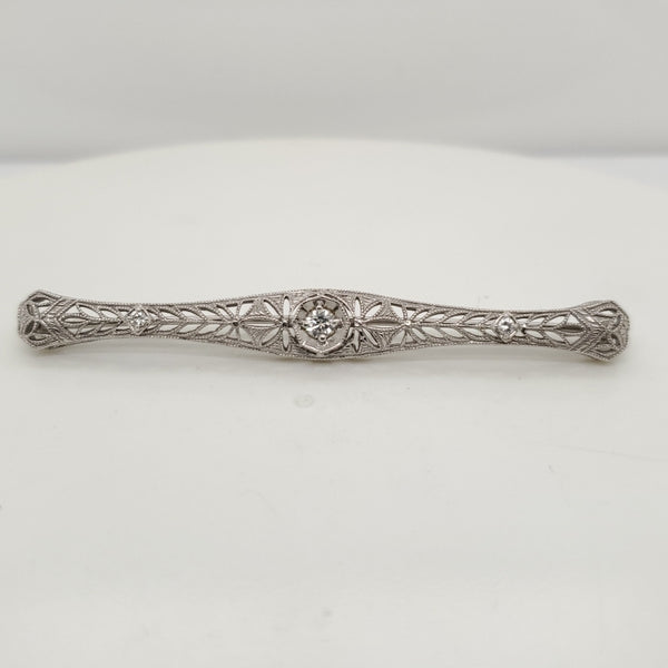 Art Deco 14kt White Gold Filigree Diamond Brooch