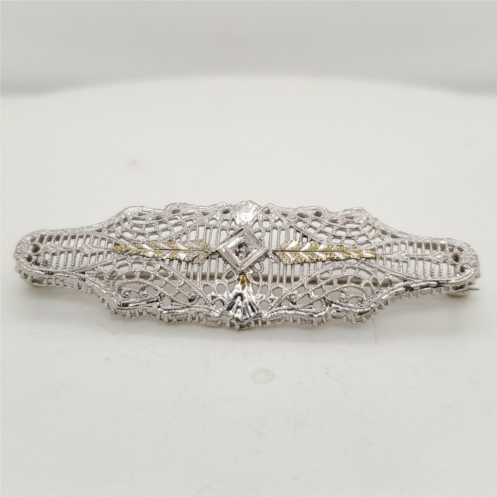 Art Deco 14kt White Gold Filigree Diamond Brooch