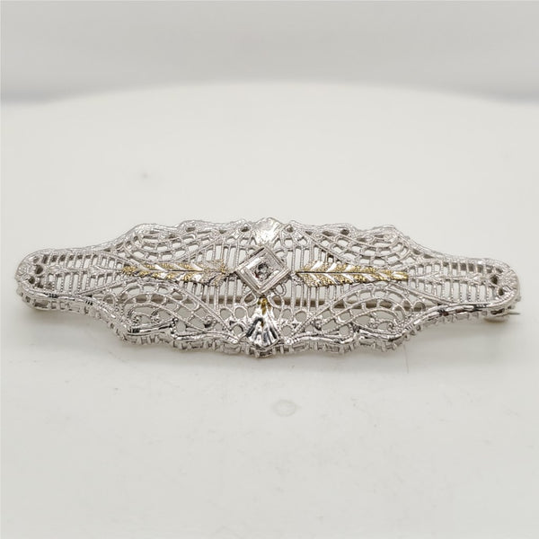 Art Deco 14kt White Gold Filigree Diamond Brooch