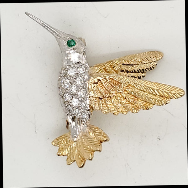 Vintage 18Kt Gold Diamond and Emerald Hummingbird Brooch