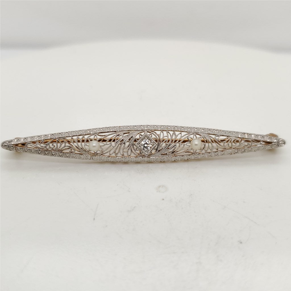 Art Deco 14kt White Gold Filigree Diamond and Pearl Brooch