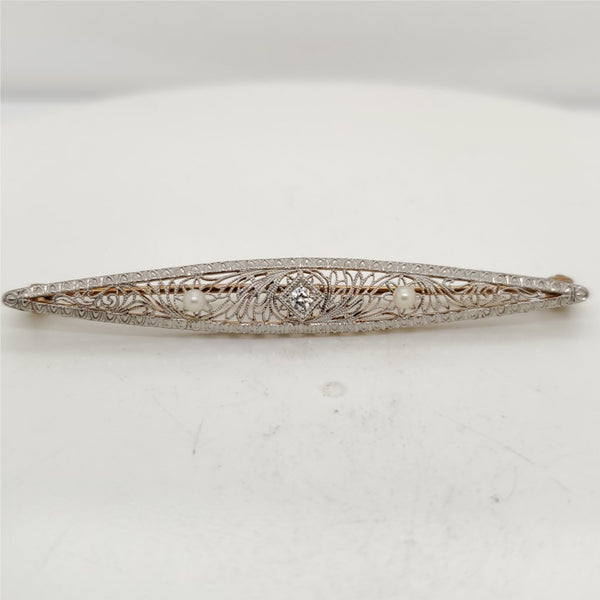Art Deco 14kt White Gold Filigree Diamond and Pearl Brooch