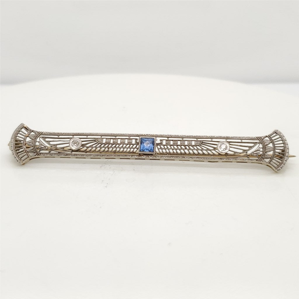 Platinum on 14kt Yellow Gold Art Deco Filigree Diamond & Sapphire Brooch