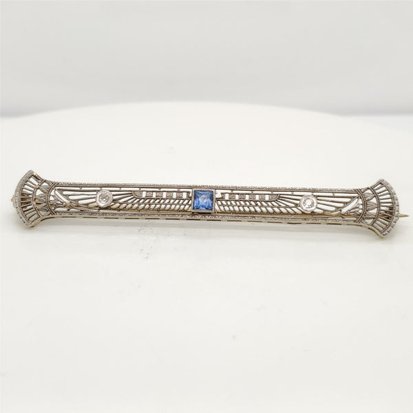 Platinum on 14kt Yellow Gold Art Deco Filigree Diamond & Sapphire Brooch