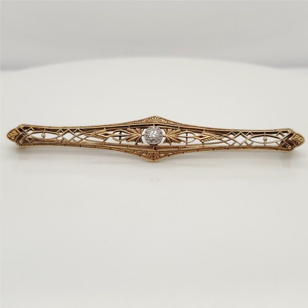 Art Deco 14kt Yellow Gold Filigree Diamond Brooch