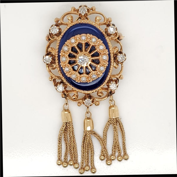 Antique Victorian Cobalt Blue Enamel Diamond And Pearl Brooch