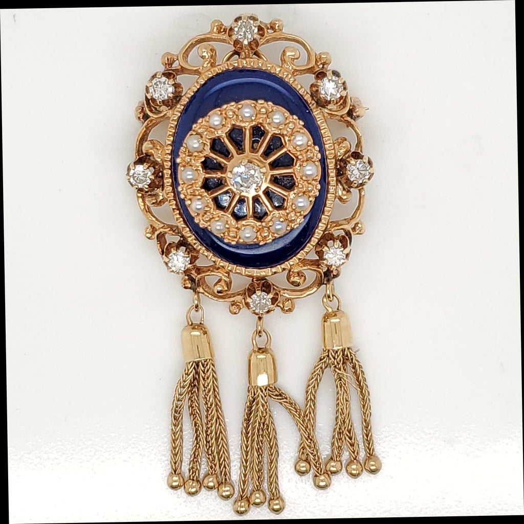 Antique Victorian Cobalt Blue Enamel Diamond And Pearl Brooch