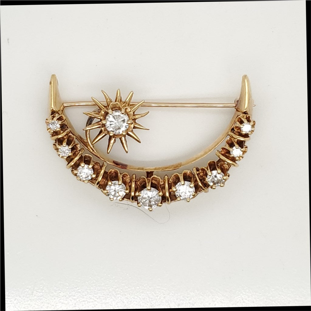 Vintage 18Kt Yellow Gold Diamond Crescent Moon Brooch