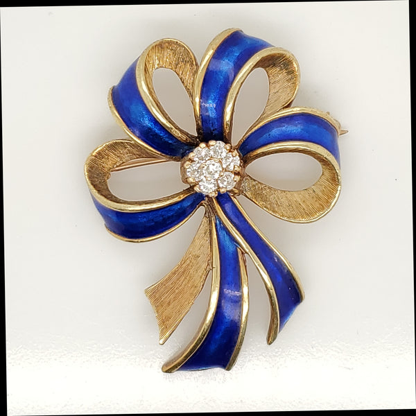 Vintage 14kt Yellow Gold Blue Enamel Bow Brooch with Diamonds