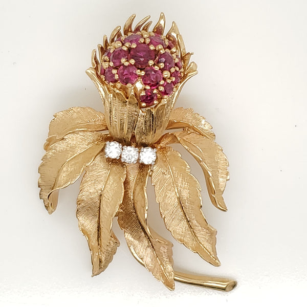 Vintage Danfre 14kt Yellow Gold Ruby and Diamond Thistle Brooch