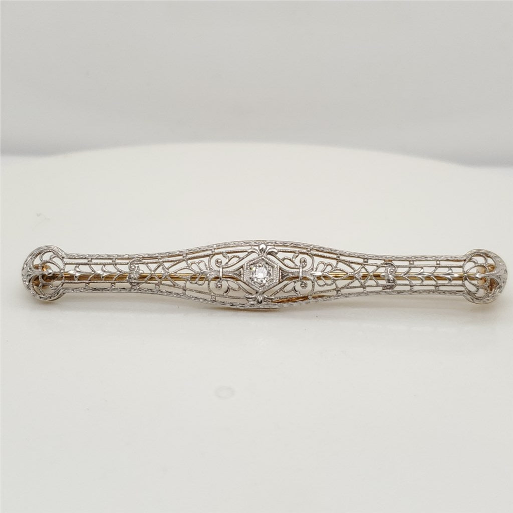 Art Deco Platinum on 18kt Yellow Gold Filigree Diamond Brooch