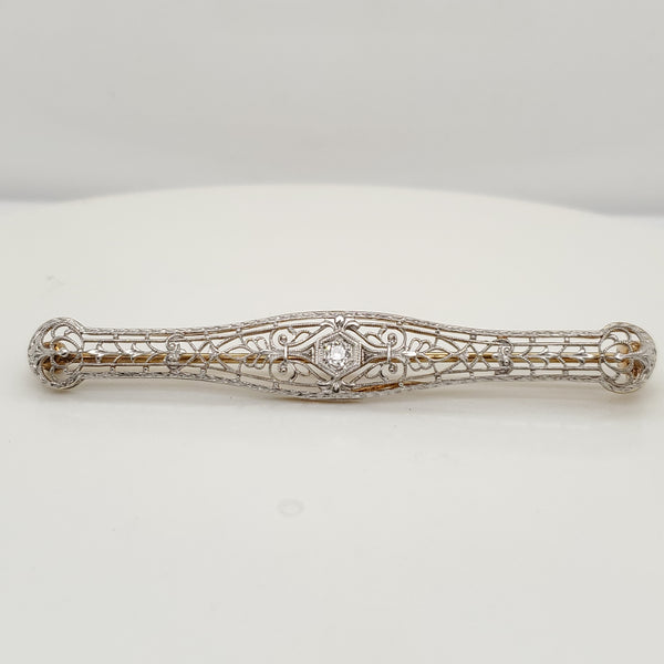 Art Deco Platinum on 18kt Yellow Gold Filigree Diamond Brooch