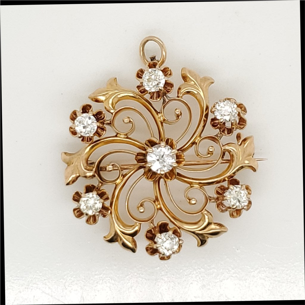 Vintage 14Kt Gold And Diamond Starburst Brooch