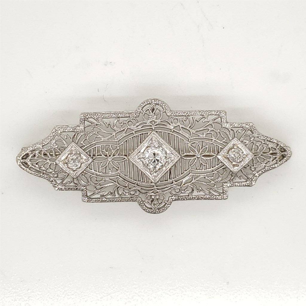 Art Deco 14kt White Gold Filigree Diamond Brooch