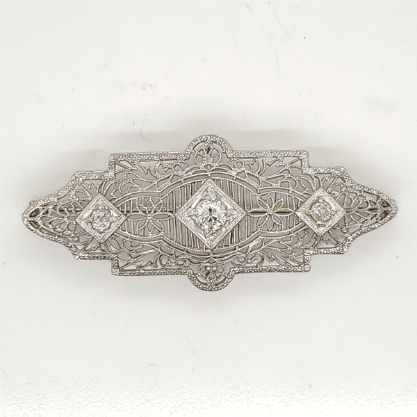 Art Deco 14kt White Gold Filigree Diamond Brooch
