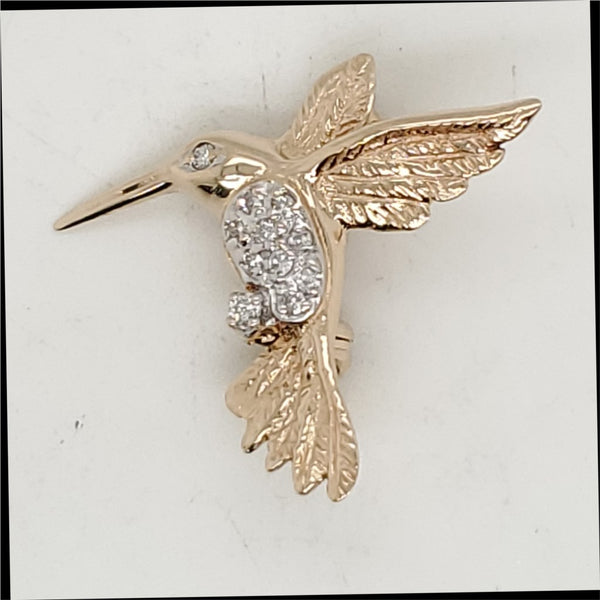 Vintage 14Kt Yellow Gold and Diamond Hummingbird Brooch
