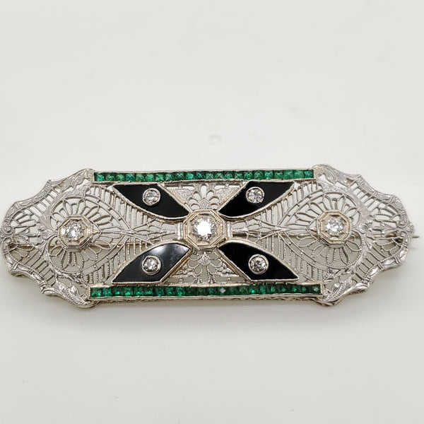 Art Deco 14kt White Gold Filigree Diamond Onyx and Tsavorite Garnet Brooch