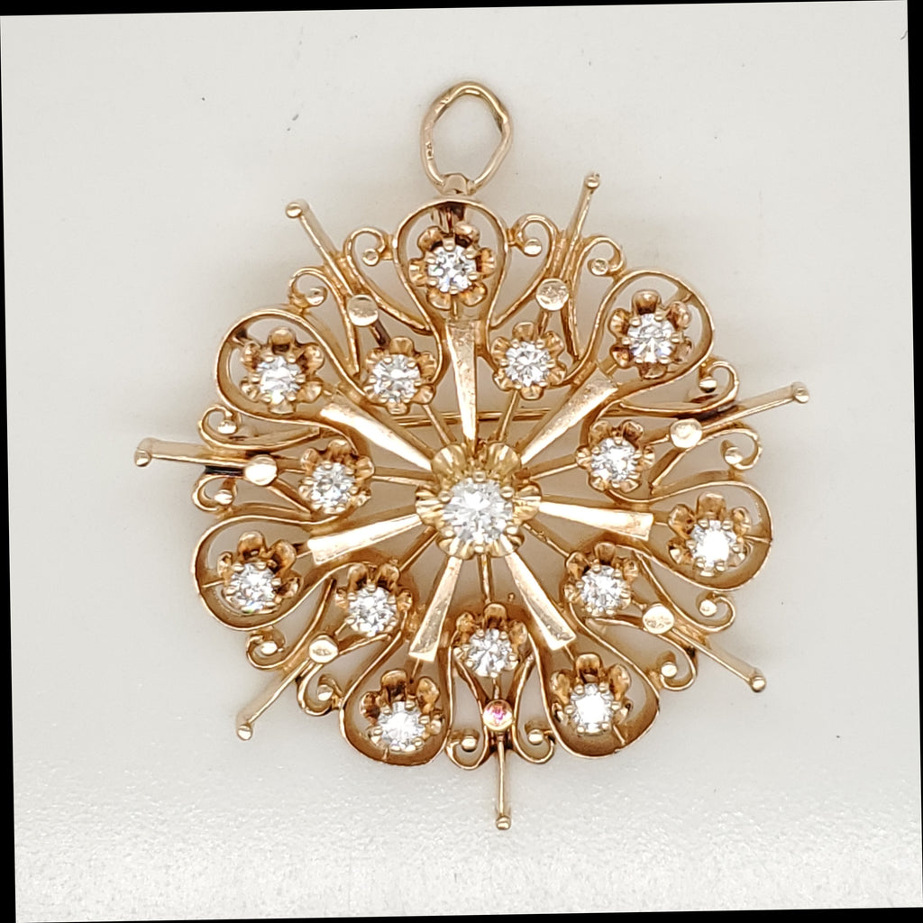 Vintage 14kt Yellow Gold and Diamond Sunburst Brooch Pendant