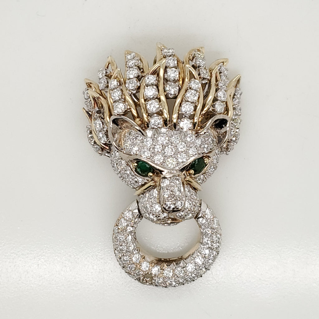 Vintage 18Kt Gold Diamond And Emerald Lion Brooch