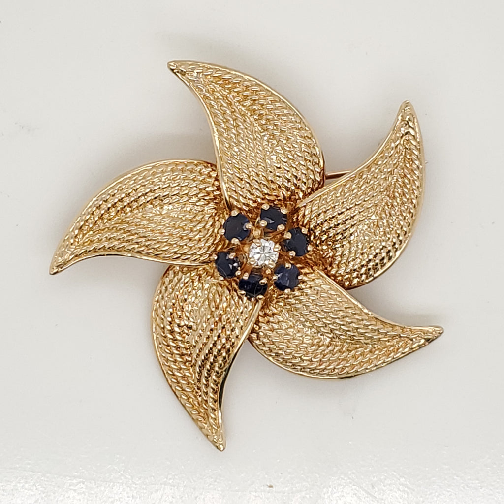 Vintage 14kt Yellow Gold Articulated Diamond and Sapphire Dragonfly Brooch