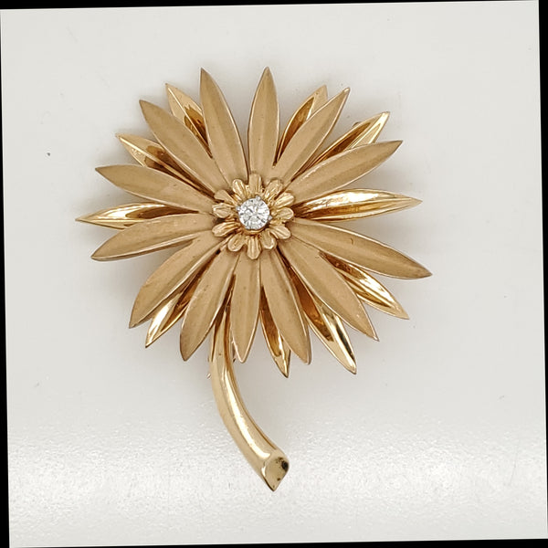 Vintage 14kt Yellow Gold and Diamond Flower Brooch