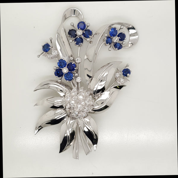 1940s-1950s Retro 14kt White Gold Sapphire and Diamond Brooch