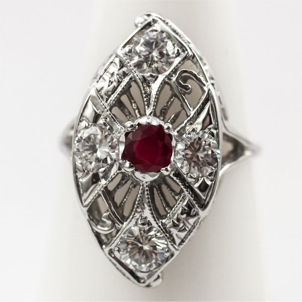 Art Deco diamond & ruby filigree ring