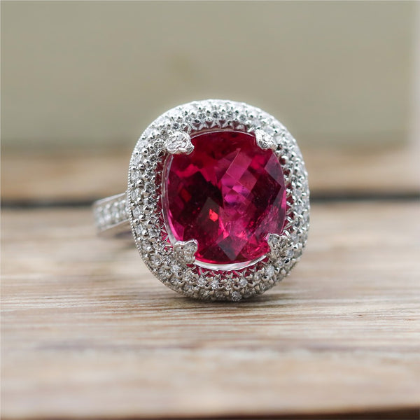 Platinum, diamond and 7.46 carat rubelite tourmaline ring