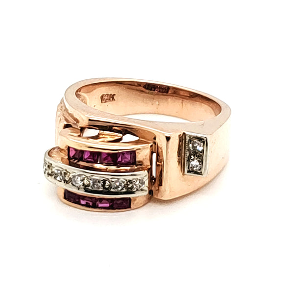 14kt rose gold 1940s Retro ruby and diamond buckle ring