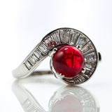 Vintage mid-century platinum Red Spinel and baguette cut diamond ring