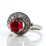 Vintage mid-century platinum Red Spinel and baguette cut diamond ring