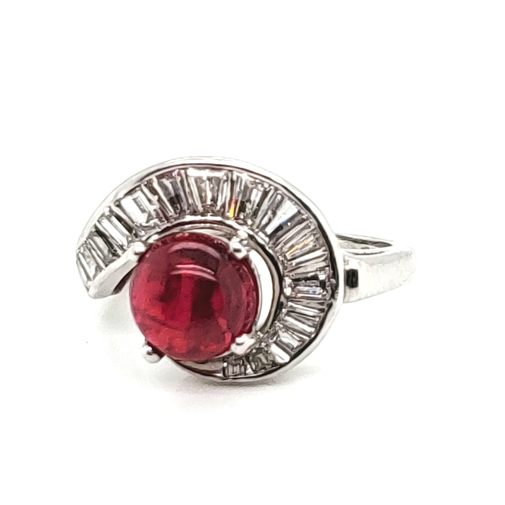 Vintage mid-century platinum Red Spinel and baguette cut diamond ring
