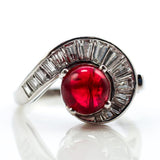 Vintage mid-century platinum Red Spinel and baguette cut diamond ring