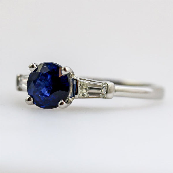 Vintage Platinum Ceylon Sapphire and Baguette Cut Diamond Ring