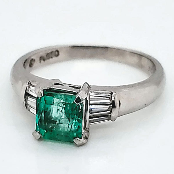 Platinum Emerald and Baguette Diamond Ring