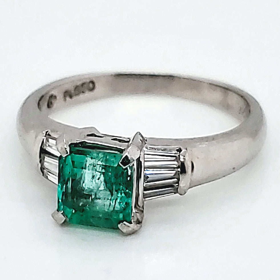 Platinum Emerald and Baguette Diamond Ring