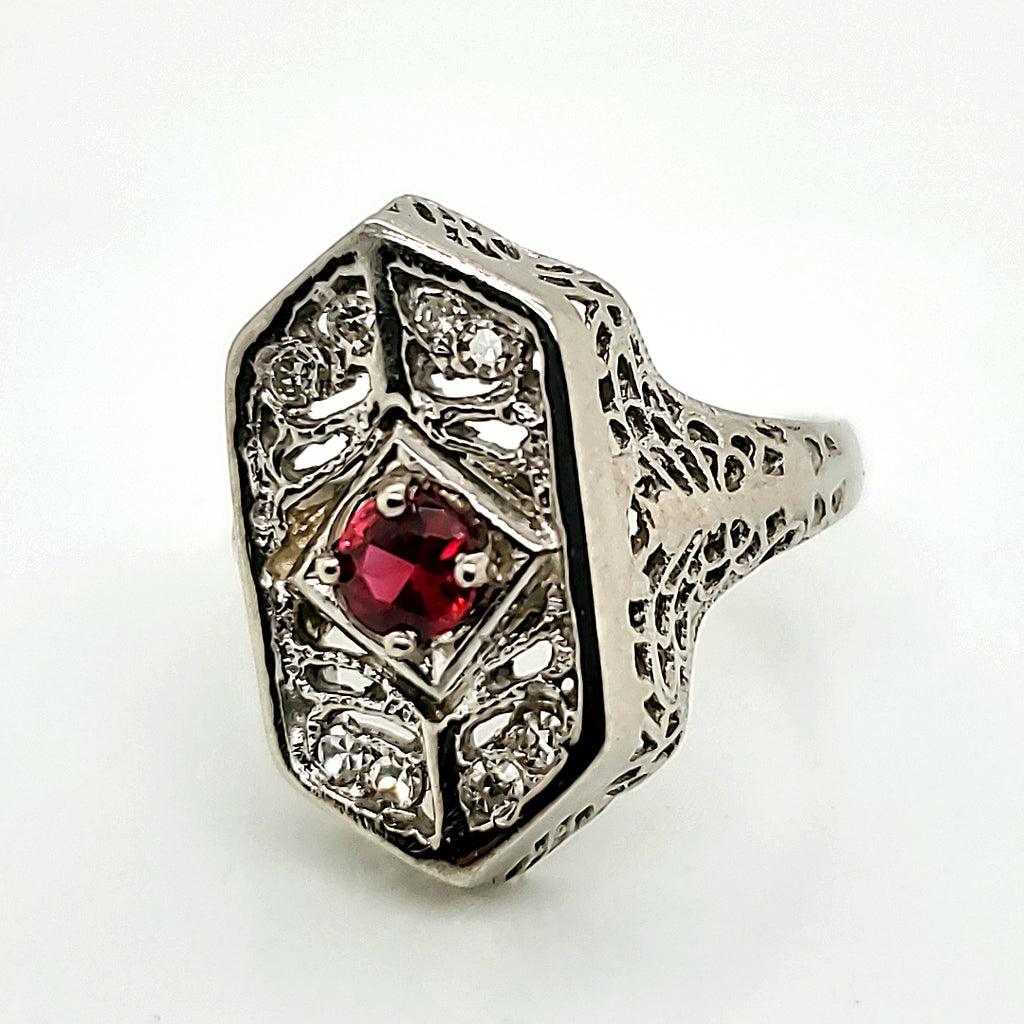Vintage 14kt White Gold Diamond and Ruby Filigree Ring