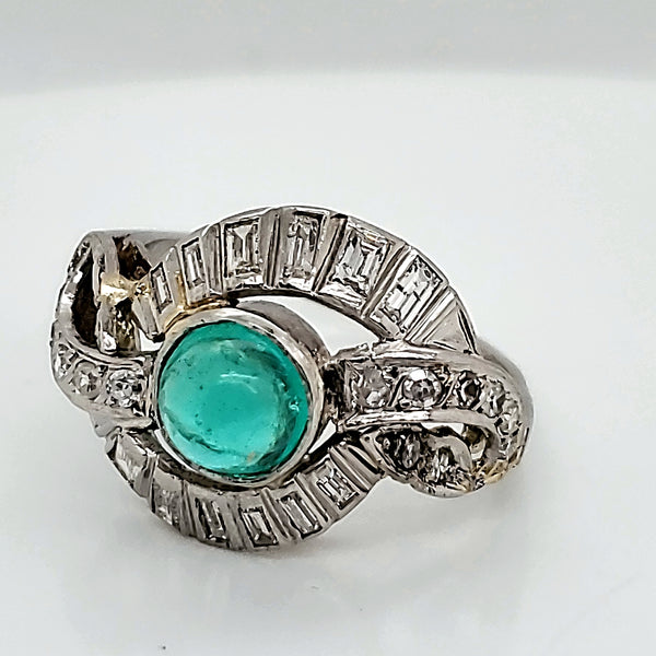 1950S Retro 18kt White Gold Emerald and Diamond Ring