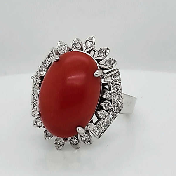 Vintage 18kt White Gold Red Coral and Diamond Ring