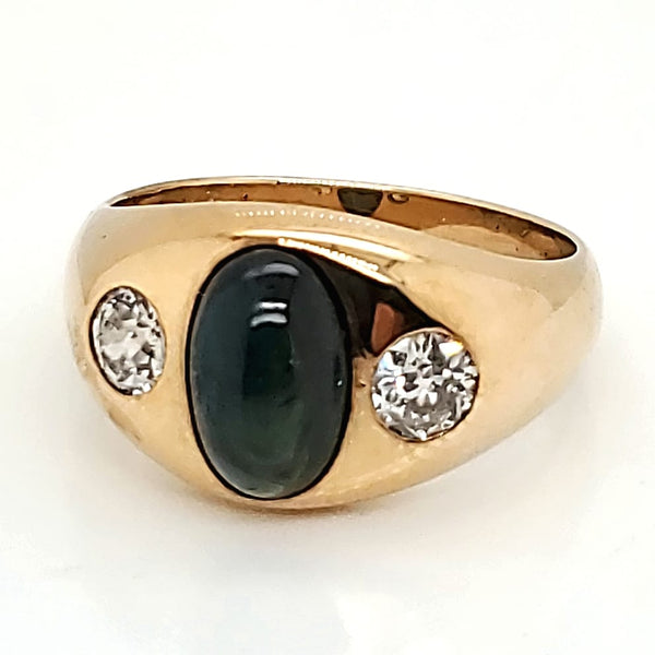 Vintage 14kt Yellow Gold Cabochon Cut Sapphire and European Cut Diamond Ring