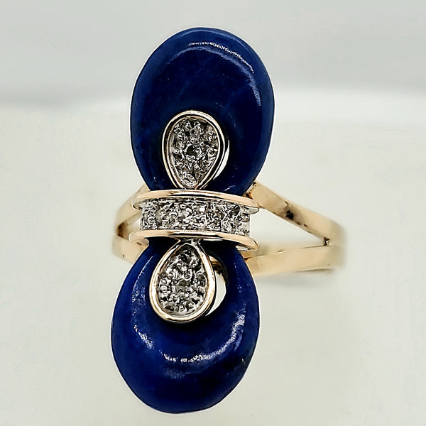 Vintage Mid-Century 14Kt Yellow Gold Lapis And Diamond Ring