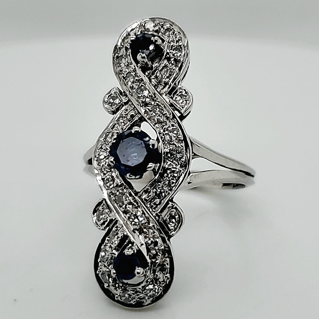 Elongated Platinum Sapphire and Diamond Ring