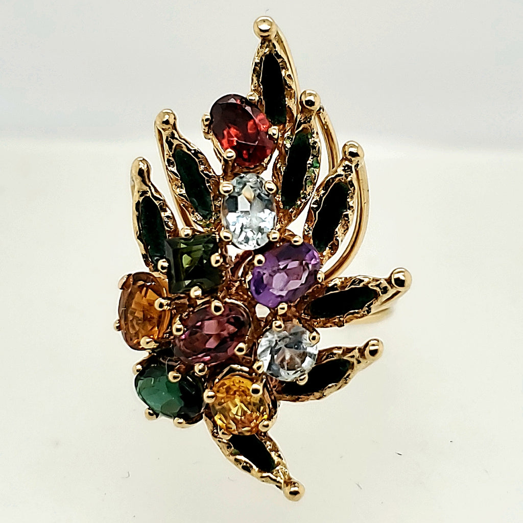 Vintage 18kt Yellow Gold Semi-precious Gemstones and Green Enamel Spray Design Ring