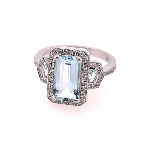 14kt White Gold Aqua And Diamond Ring