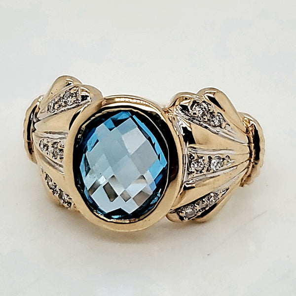 14kt Yellow Gold Swiss Blue Topaz and Diamond Ring